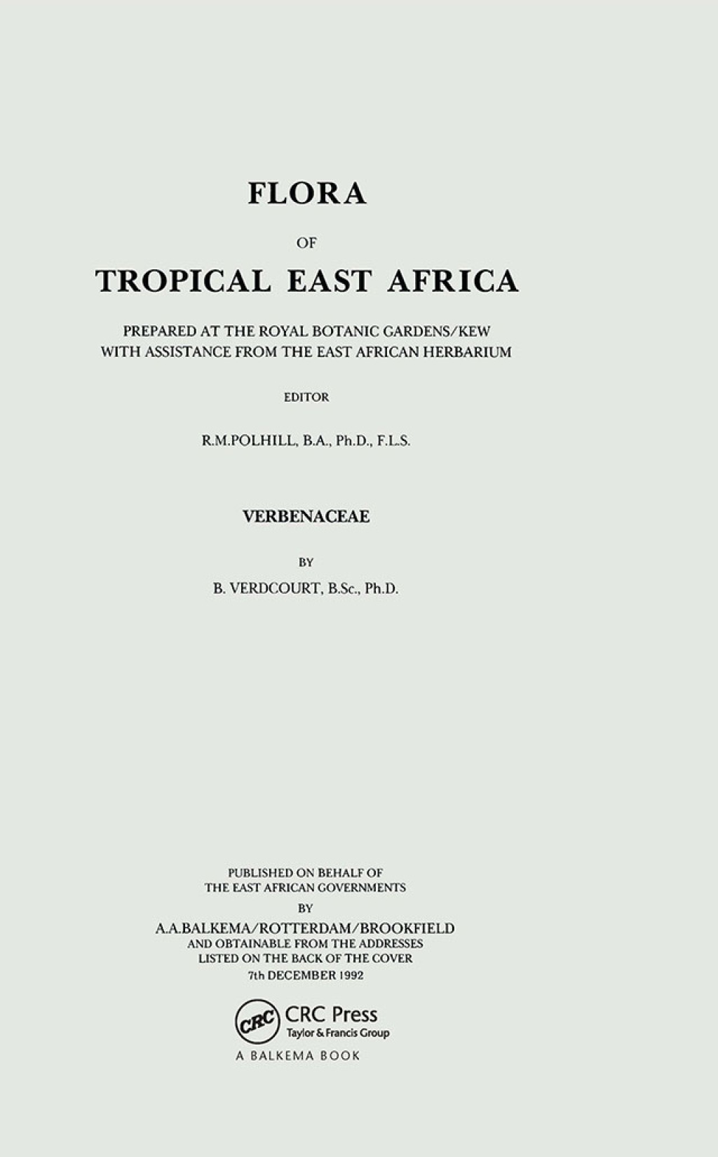 Flora of Tropical East Africa – Verbenaceae (1992) 1st Edition