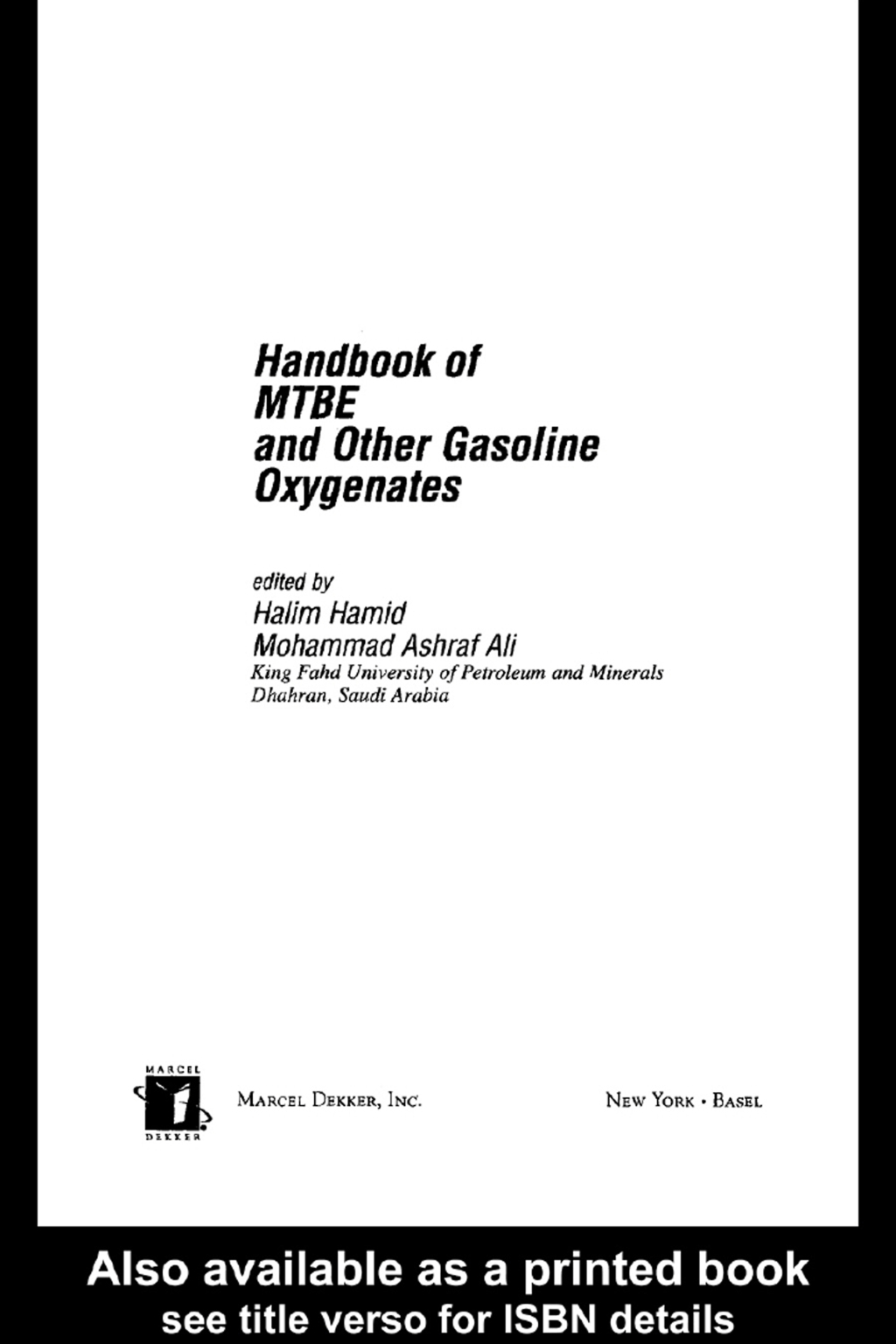 Handbook of MTBE and Other Gasoline Oxygenates 1st Edition