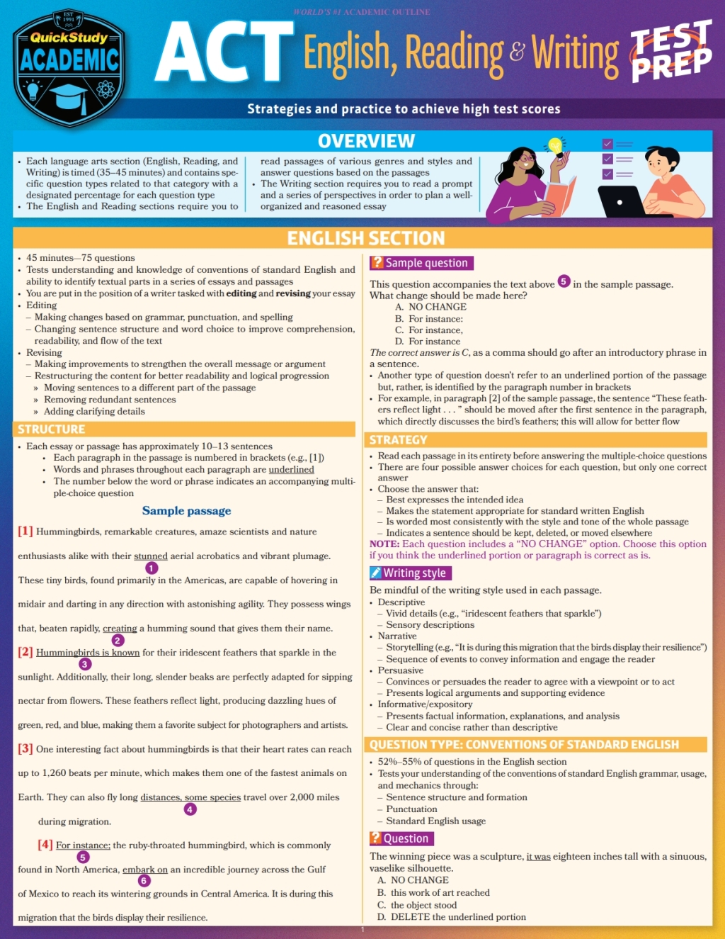 ACT English, Reading & Writing Test Prep a QuickStudy Reference Guide 1st Edition