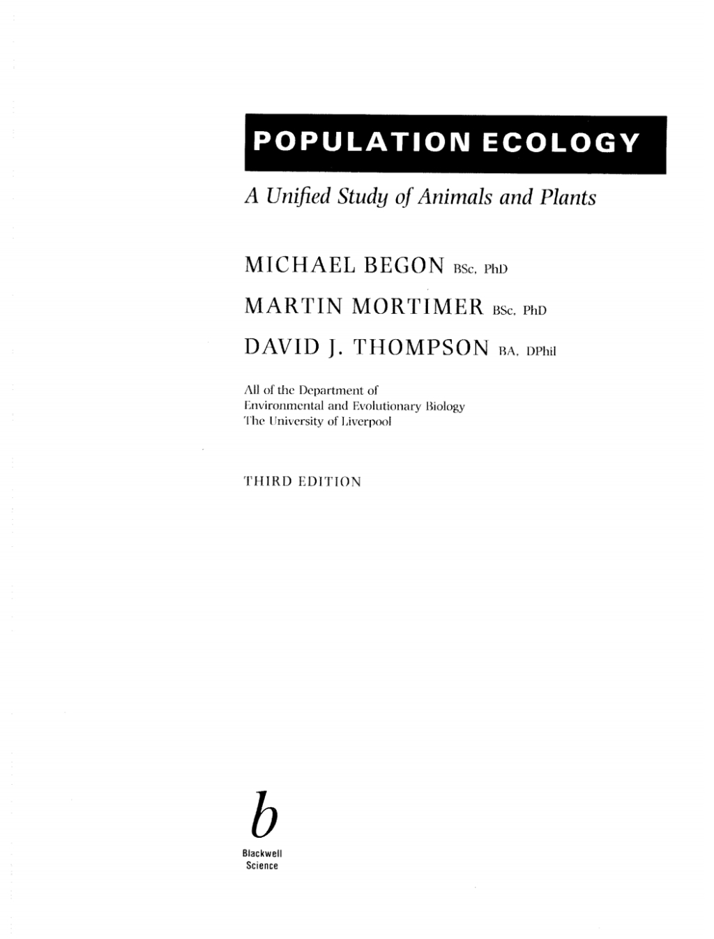 Population Ecology A Unified Study of Animals and Plants 3rd Edition