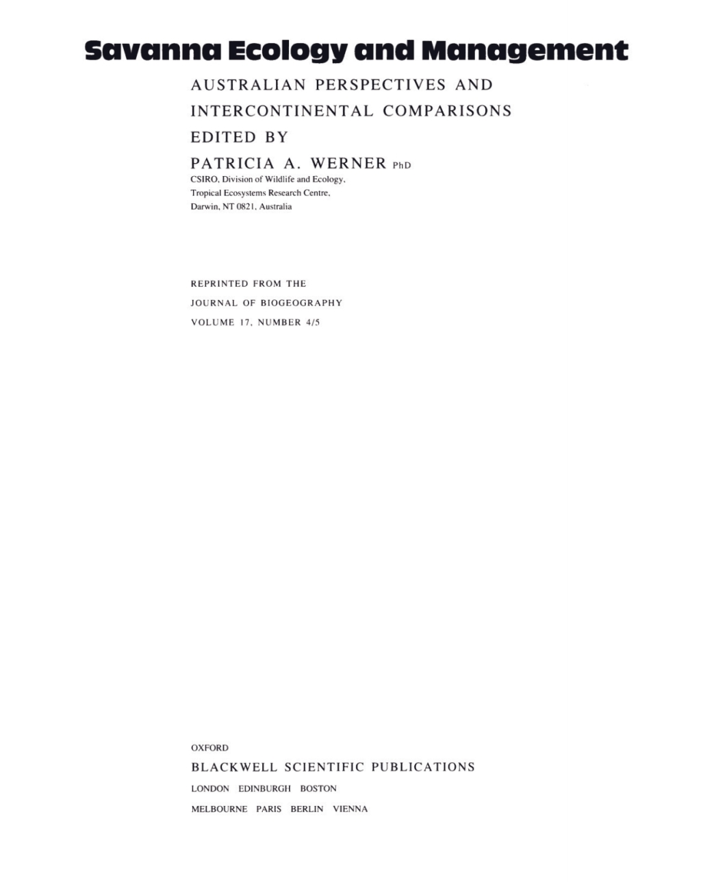 Savanna Ecology and Management Australian Perspectives and Intercontinental Comparisons 1st Edition