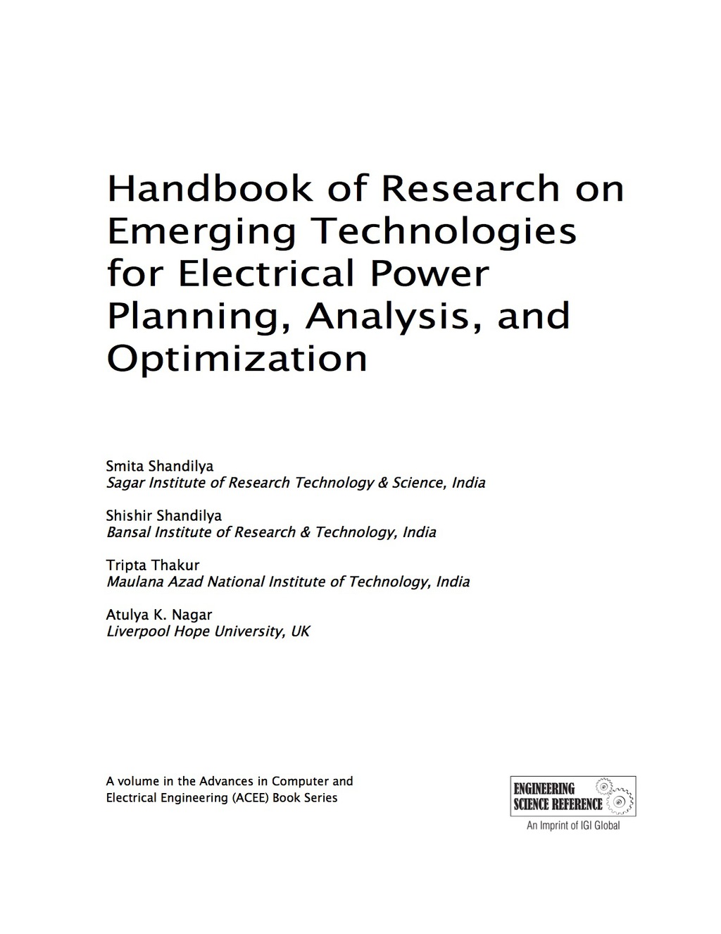 Handbook of Research on Emerging Technologies for Electrical Power Planning, Analysis, and Optimization