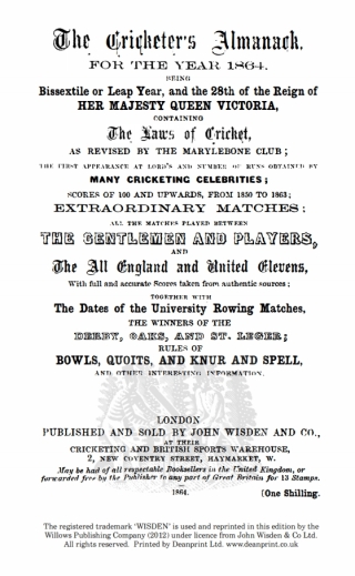 Cover image: Wisden Cricketers' Almanack 1864 1st edition
