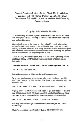 Cover image: Control Greatest Quotes - Quick, Short, Medium Or Long Quotes. Find The Perfect Control Quotations For All Occasions - Spicing Up Letters, Speeches, And Everyday Conversations. 9781489103284