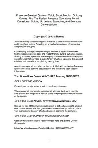 Cover image: Presence Greatest Quotes - Quick, Short, Medium Or Long Quotes. Find The Perfect Presence Quotations For All Occasions - Spicing Up Letters, Speeches, And Everyday Conversations. 9781489103512