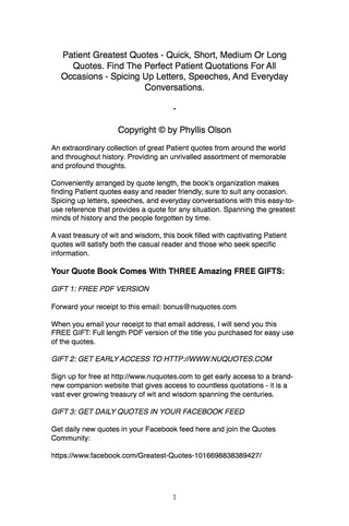 Cover image: Patient Greatest Quotes - Quick, Short, Medium Or Long Quotes. Find The Perfect Patient Quotations For All Occasions - Spicing Up Letters, Speeches, And Everyday Conversations. 9781489104090