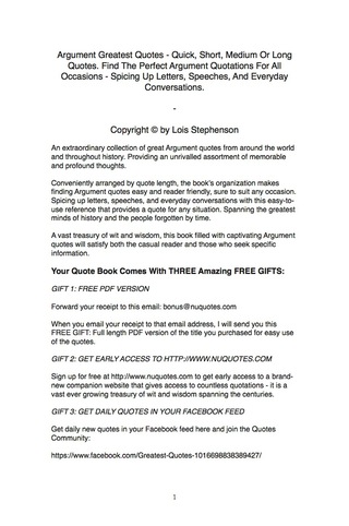 Cover image: Argument Greatest Quotes - Quick, Short, Medium Or Long Quotes. Find The Perfect Argument Quotations For All Occasions - Spicing Up Letters, Speeches, And Everyday Conversations. 9781489104342