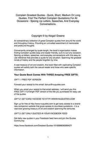 Cover image: Complain Greatest Quotes - Quick, Short, Medium Or Long Quotes. Find The Perfect Complain Quotations For All Occasions - Spicing Up Letters, Speeches, And Everyday Conversations. 9781489104427