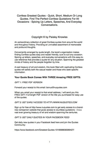 Cover image: Confess Greatest Quotes - Quick, Short, Medium Or Long Quotes. Find The Perfect Confess Quotations For All Occasions - Spicing Up Letters, Speeches, And Everyday Conversations. 9781489104434