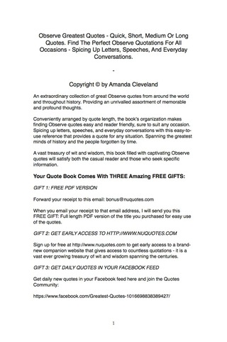 Cover image: Observe Greatest Quotes - Quick, Short, Medium Or Long Quotes. Find The Perfect Observe Quotations For All Occasions - Spicing Up Letters, Speeches, And Everyday Conversations. 9781489104731