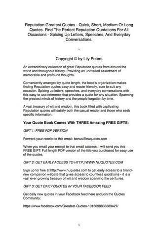 Cover image: Reputation Greatest Quotes - Quick, Short, Medium Or Long Quotes. Find The Perfect Reputation Quotations For All Occasions - Spicing Up Letters, Speeches, And Everyday Conversations. 9781489104861