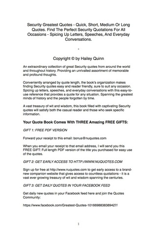 Cover image: Security Greatest Quotes - Quick, Short, Medium Or Long Quotes. Find The Perfect Security Quotations For All Occasions - Spicing Up Letters, Speeches, And Everyday Conversations. 9781489104885