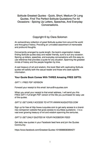 Cover image: Solitude Greatest Quotes - Quick, Short, Medium Or Long Quotes. Find The Perfect Solitude Quotations For All Occasions - Spicing Up Letters, Speeches, And Everyday Conversations. 9781489104908