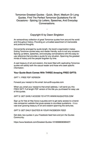 Cover image: Tomorrow Greatest Quotes - Quick, Short, Medium Or Long Quotes. Find The Perfect Tomorrow Quotations For All Occasions - Spicing Up Letters, Speeches, And Everyday Conversations. 9781489104946