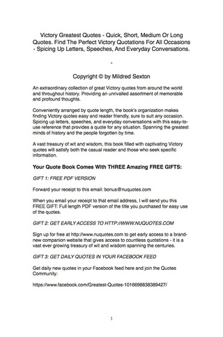 Cover image: Victory Greatest Quotes - Quick, Short, Medium Or Long Quotes. Find The Perfect Victory Quotations For All Occasions - Spicing Up Letters, Speeches, And Everyday Conversations. 9781489104991