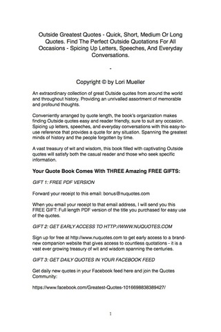 Cover image: Outside Greatest Quotes - Quick, Short, Medium Or Long Quotes. Find The Perfect Outside Quotations For All Occasions - Spicing Up Letters, Speeches, And Everyday Conversations. 9781489105349