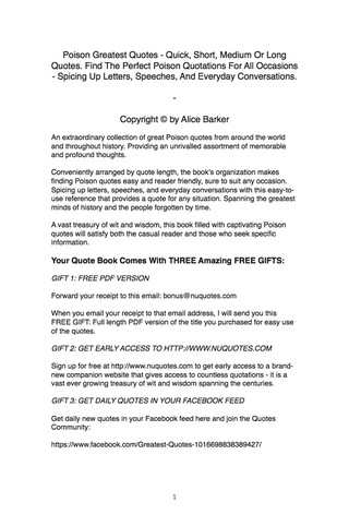 Cover image: Poison Greatest Quotes - Quick, Short, Medium Or Long Quotes. Find The Perfect Poison Quotations For All Occasions - Spicing Up Letters, Speeches, And Everyday Conversations. 9781489106360