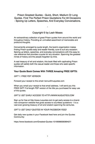 Cover image: Prison Greatest Quotes - Quick, Short, Medium Or Long Quotes. Find The Perfect Prison Quotations For All Occasions - Spicing Up Letters, Speeches, And Everyday Conversations. 9781489106414