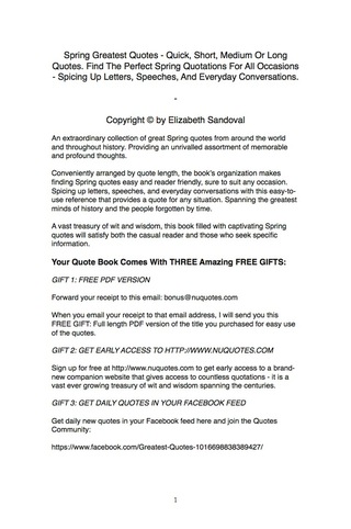 Cover image: Spring Greatest Quotes - Quick, Short, Medium Or Long Quotes. Find The Perfect Spring Quotations For All Occasions - Spicing Up Letters, Speeches, And Everyday Conversations. 9781489106551