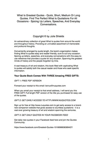 Cover image: What Is Greatest Quotes - Quick, Short, Medium Or Long Quotes. Find The Perfect What Is Quotations For All Occasions - Spicing Up Letters, Speeches, And Everyday Conversations. 9781489106674