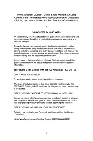 Imagen de portada: Priest Greatest Quotes - Quick, Short, Medium Or Long Quotes. Find The Perfect Priest Quotations For All Occasions - Spicing Up Letters, Speeches, And Everyday Conversations. 9781489107398