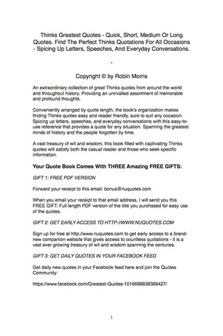 表紙画像: Thinks Greatest Quotes - Quick, Short, Medium Or Long Quotes. Find The Perfect Thinks Quotations For All Occasions - Spicing Up Letters, Speeches, And Everyday Conversations. 9781489107435