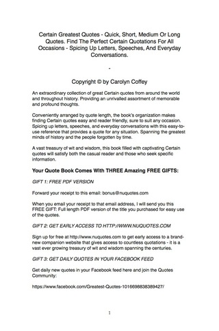 Cover image: Certain Greatest Quotes - Quick, Short, Medium Or Long Quotes. Find The Perfect Certain Quotations For All Occasions - Spicing Up Letters, Speeches, And Everyday Conversations. 9781489107558