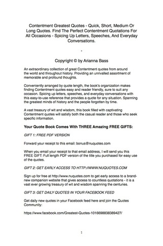 Omslagafbeelding: Contentment Greatest Quotes - Quick, Short, Medium Or Long Quotes. Find The Perfect Contentment Quotations For All Occasions - Spicing Up Letters, Speeches, And Everyday Conversations. 9781489108357