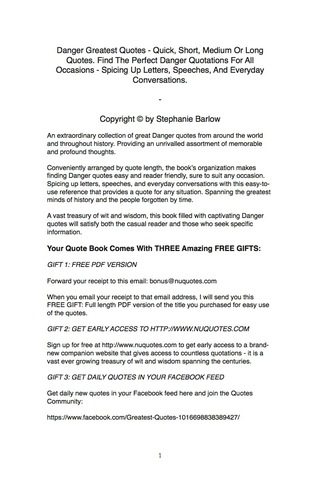 Cover image: Danger Greatest Quotes - Quick, Short, Medium Or Long Quotes. Find The Perfect Danger Quotations For All Occasions - Spicing Up Letters, Speeches, And Everyday Conversations. 9781489108418