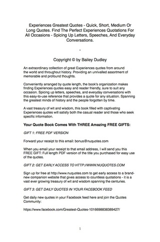 Imagen de portada: Experiences Greatest Quotes - Quick, Short, Medium Or Long Quotes. Find The Perfect Experiences Quotations For All Occasions - Spicing Up Letters, Speeches, And Everyday Conversations. 9781489108661