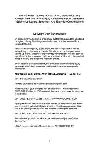 Cover image: Injury Greatest Quotes - Quick, Short, Medium Or Long Quotes. Find The Perfect Injury Quotations For All Occasions - Spicing Up Letters, Speeches, And Everyday Conversations. 9781489109019