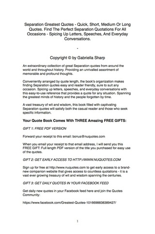 Imagen de portada: Separation Greatest Quotes - Quick, Short, Medium Or Long Quotes. Find The Perfect Separation Quotations For All Occasions - Spicing Up Letters, Speeches, And Everyday Conversations. 9781489110015