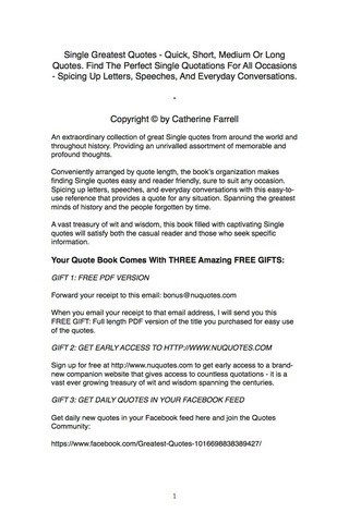 Imagen de portada: Single Greatest Quotes - Quick, Short, Medium Or Long Quotes. Find The Perfect Single Quotations For All Occasions - Spicing Up Letters, Speeches, And Everyday Conversations. 9781489110077