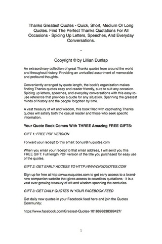 Cover image: Thanks Greatest Quotes - Quick, Short, Medium Or Long Quotes. Find The Perfect Thanks Quotations For All Occasions - Spicing Up Letters, Speeches, And Everyday Conversations. 9781489110299