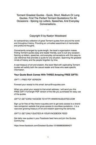 Cover image: Torment Greatest Quotes - Quick, Short, Medium Or Long Quotes. Find The Perfect Torment Quotations For All Occasions - Spicing Up Letters, Speeches, And Everyday Conversations. 9781489110350