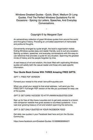 Cover image: Windows Greatest Quotes - Quick, Short, Medium Or Long Quotes. Find The Perfect Windows Quotations For All Occasions - Spicing Up Letters, Speeches, And Everyday Conversations. 9781489110664