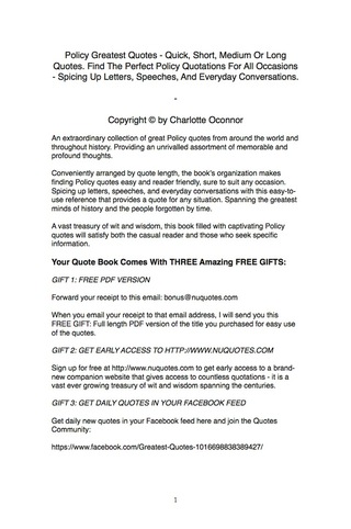 Cover image: Policy Greatest Quotes - Quick, Short, Medium Or Long Quotes. Find The Perfect Policy Quotations For All Occasions - Spicing Up Letters, Speeches, And Everyday Conversations. 9781489110893