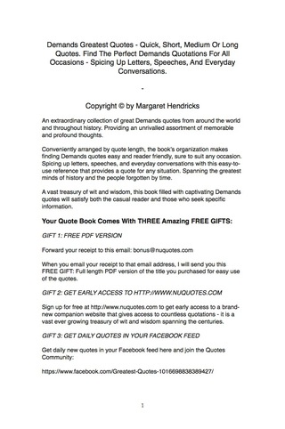 صورة الغلاف: Demands Greatest Quotes - Quick, Short, Medium Or Long Quotes. Find The Perfect Demands Quotations For All Occasions - Spicing Up Letters, Speeches, And Everyday Conversations. 9781489111166