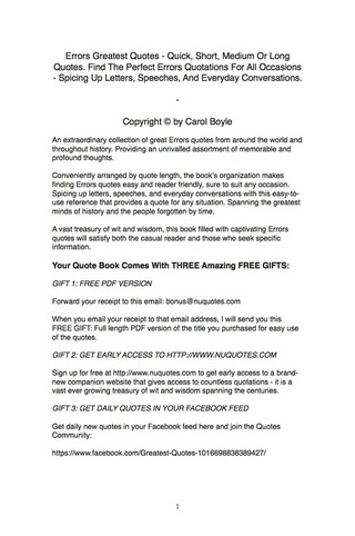 صورة الغلاف: Errors Greatest Quotes - Quick, Short, Medium Or Long Quotes. Find The Perfect Errors Quotations For All Occasions - Spicing Up Letters, Speeches, And Everyday Conversations. 9781489111180