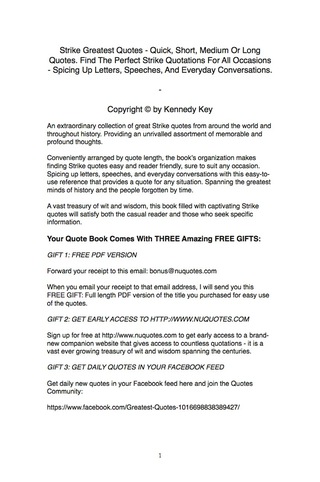 صورة الغلاف: Strike Greatest Quotes - Quick, Short, Medium Or Long Quotes. Find The Perfect Strike Quotations For All Occasions - Spicing Up Letters, Speeches, And Everyday Conversations. 9781489111272