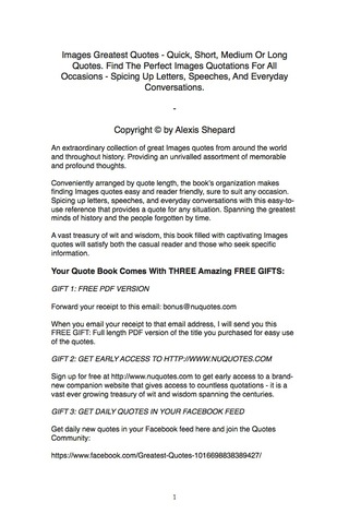 Cover image: Images Greatest Quotes - Quick, Short, Medium Or Long Quotes. Find The Perfect Images Quotations For All Occasions - Spicing Up Letters, Speeches, And Everyday Conversations. 9781489111784