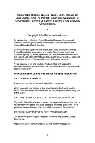 Cover image: Remarkable Greatest Quotes - Quick, Short, Medium Or Long Quotes. Find The Perfect Remarkable Quotations For All Occasions - Spicing Up Letters, Speeches, And Everyday Conversations. 9781489111890