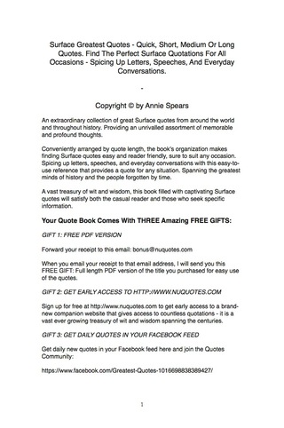 Cover image: Surface Greatest Quotes - Quick, Short, Medium Or Long Quotes. Find The Perfect Surface Quotations For All Occasions - Spicing Up Letters, Speeches, And Everyday Conversations. 9781489111999