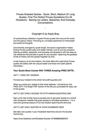 Cover image: Proves Greatest Quotes - Quick, Short, Medium Or Long Quotes. Find The Perfect Proves Quotations For All Occasions - Spicing Up Letters, Speeches, And Everyday Conversations. 9781489113061