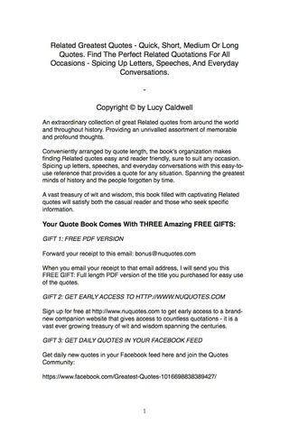 Cover image: Related Greatest Quotes - Quick, Short, Medium Or Long Quotes. Find The Perfect Related Quotations For All Occasions - Spicing Up Letters, Speeches, And Everyday Conversations. 9781489113085