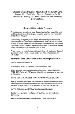 Imagen de portada: Stopped Greatest Quotes - Quick, Short, Medium Or Long Quotes. Find The Perfect Stopped Quotations For All Occasions - Spicing Up Letters, Speeches, And Everyday Conversations. 9781489113238