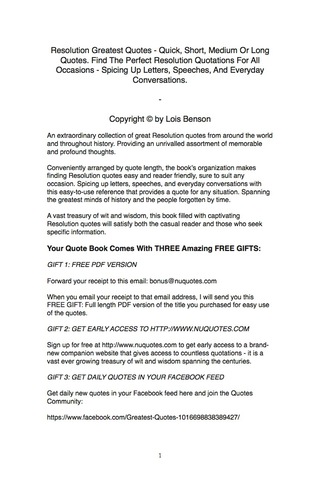 Cover image: Resolution Greatest Quotes - Quick, Short, Medium Or Long Quotes. Find The Perfect Resolution Quotations For All Occasions - Spicing Up Letters, Speeches, And Everyday Conversations. 9781489113795