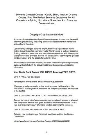 Titelbild: Servants Greatest Quotes - Quick, Short, Medium Or Long Quotes. Find The Perfect Servants Quotations For All Occasions - Spicing Up Letters, Speeches, And Everyday Conversations. 9781489114242