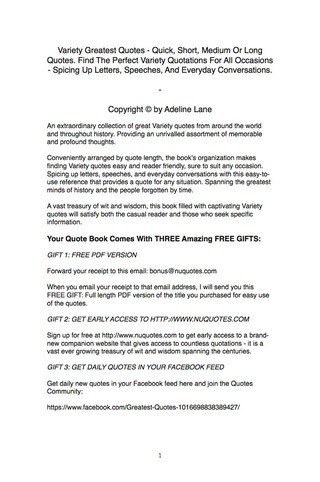 Imagen de portada: Variety Greatest Quotes - Quick, Short, Medium Or Long Quotes. Find The Perfect Variety Quotations For All Occasions - Spicing Up Letters, Speeches, And Everyday Conversations. 9781489114372