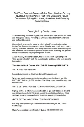 Cover image: First Time Greatest Quotes - Quick, Short, Medium Or Long Quotes. Find The Perfect First Time Quotations For All Occasions - Spicing Up Letters, Speeches, And Everyday Conversations. 9781489114440